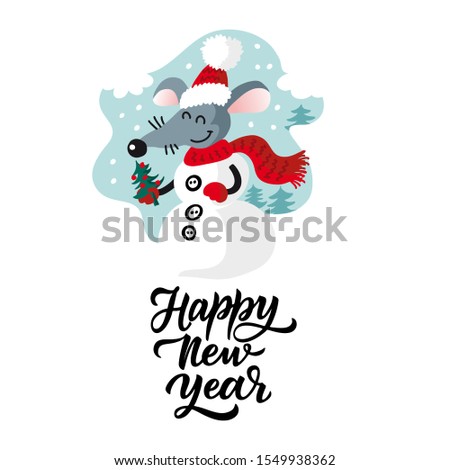 2020 Merry Christmas and Happy New Year. Funny rat for design. Cute little mice snowman in winter. Merry mouse. Vector illustration with hand written lettering. symbol on eastern calendar