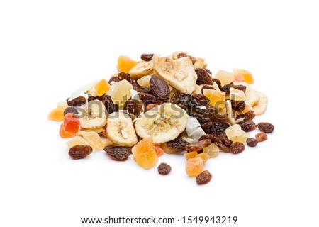 Pile of dried fruits mix on white background Royalty-Free Stock Photo #1549943219