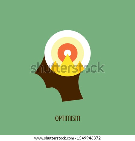 Optimism icon concept with mountain and sun inside in the drawing of human brain isolated on green background, vector and illustration.