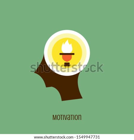 Motivation icon concept with flaming torch, fire inside in the drawing of human brain isolated on green background, vector and illustration.