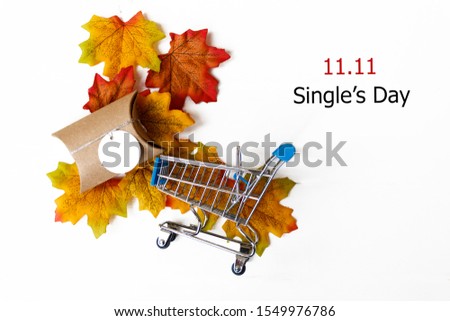 Single's day sale concept of China, 11.11. The gift box and shopping cart and text 11.11 single's day sale with white background