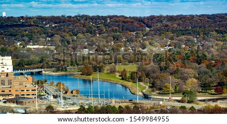 A aerial view of Silver Lake on the Zumbro river, Rochester, Minnesota Royalty-Free Stock Photo #1549984955