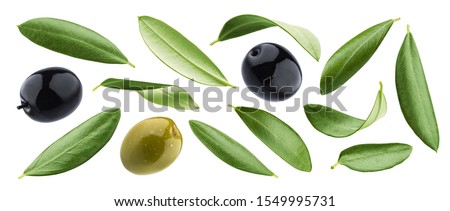 Collection of black and green olives with leaves isolated on white background with clipping path Royalty-Free Stock Photo #1549995731