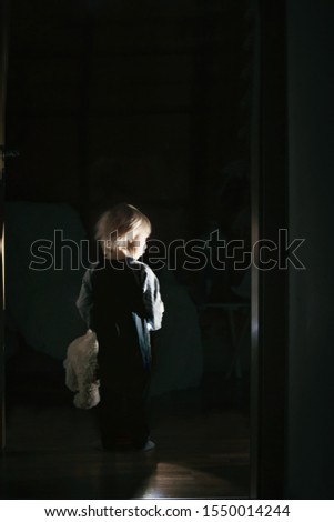 Toddler boy, hodling teddy bear, standing in hallway next to the door to bedroom, fairy tale picture
