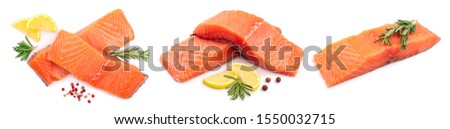 fillet of red fish salmon with lemon and rosemary isolated on white background. Top view. Flat lay. Set or collection