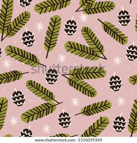 Seamless pattern with fir branches and cones. Christmas and New Year background. Vector illustration.