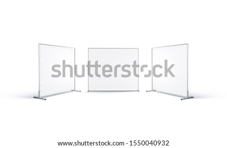 Blank white presswall mockup, front and side view, isolated, 3d rendering. Empty stretch panel for promotion mock up. Clear advert booth for conference mokcup template.