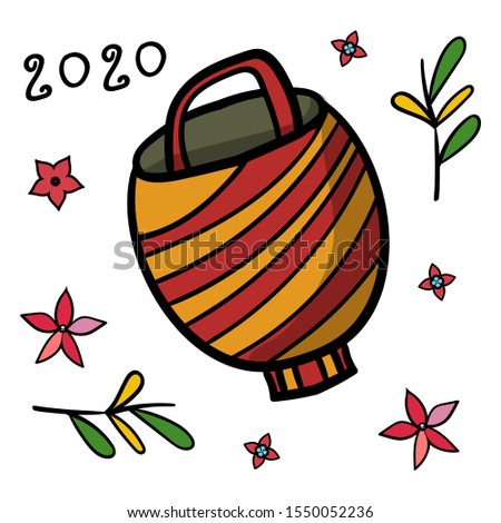 Chinese lantern surrounded by a pattern of leaves and flowers. Cartoon illustration 