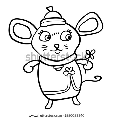 Rat or Mouse or Gerbil with the clover of fortune. Animal in the Chinese style. Coloring page for adult and kids. Vector illustration