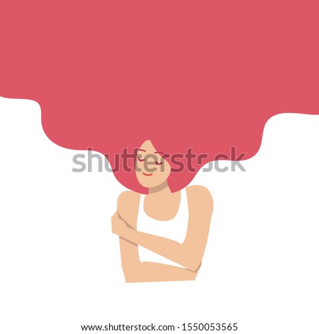 Love yourself concept. Vector illustration flat design style. Happy woman hug herself with heart background. Love your body concept. Girl Healthcare Skincare. Royalty-Free Stock Photo #1550053565