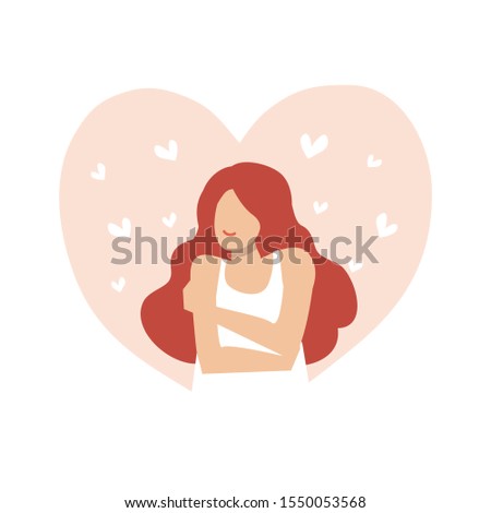 Love yourself concept. Vector illustration flat design style. Happy woman hug herself with heart background. Love your body concept. Girl Healthcare Skincare. Royalty-Free Stock Photo #1550053568