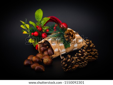 Christmas decorations basket chestnuts, pine cones, butcher's broom on a black background. Christmas ornament