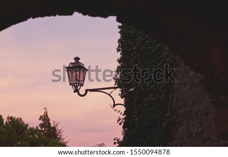 A beautiful view of a leaf covered stone wall and a street lamp under the colorful sky