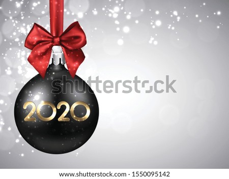 2020 New Year black ball with red satin bow and glittering. Greeting card or decoration. Winter decoration - Vector