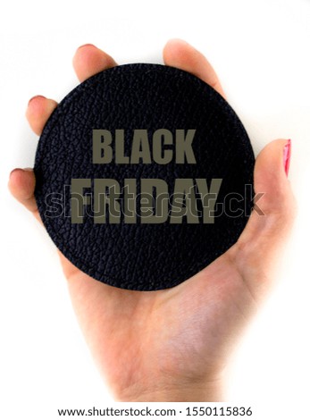 Discount template, black friday shopping poster, held in woman hand.Isolated background