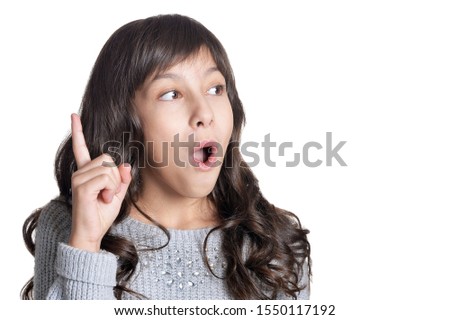 Close up portrait of cute girl has an idea isolated