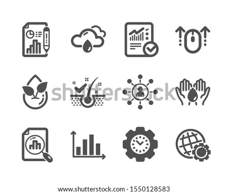 Set of Science icons, such as Checked calculation, Report document, Globe, Diagram graph, Time management, Networking, Analytics graph, Organic product, Rainy weather, Safe water, Swipe up. Vector