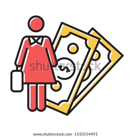 Female economic activity color icon. Woman rights, gender equality. Female finance career. Successful businesswoman. Capital, money, business. Feminism, democracy. Isolated vector illustration