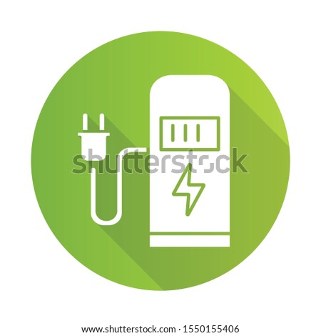 Car charging station green flat design long shadow glyph icon. Electric fuel pump for public usage. EV rechagging point. Filing terminal for electrified automobile. Vector silhouette illustration