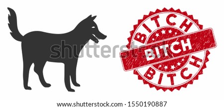 Vector dog icon and rubber round stamp seal with Bitch text. Flat dog icon is isolated on a white background. Bitch seal uses red color and rubber surface.