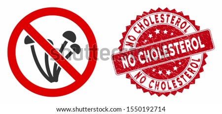 Vector no mushrooms icon and grunge round stamp watermark with No Cholesterol text. Flat no mushrooms icon is isolated on a white background. No Cholesterol stamp uses red color and grunge design.