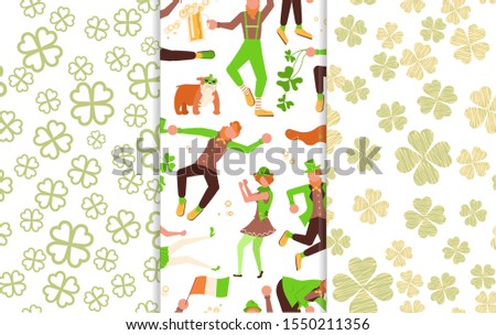 Set of Abstract seamless pattern with green shamrock shapes and leprechauns with mugs of beer dancing. St Patrick's Day background. Flat Art Vector illustration