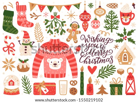 Vector set of holiday icons: sweater, Christmas ornaments, gingerbread cookies, candles, gift, snowman. Kids illustration for Christmas time. Scrapbook collection. Winter greeting card. Happy New Year.