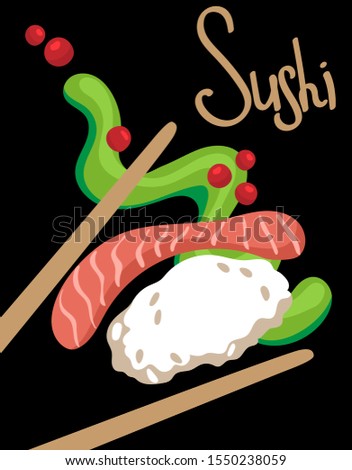 Flying pieces of sushi with wooden chopsticks, wasabi, red caviar, divided on a black background. Flying food and movement concept. japanese food sushi levitation.