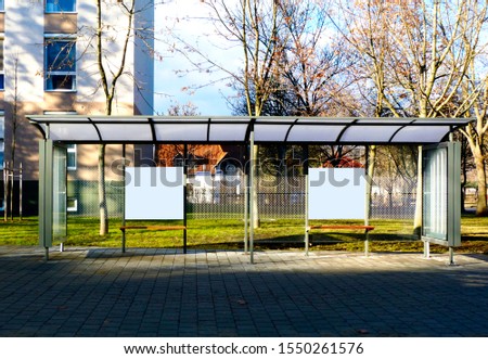 image collage of bus shelter. bus stop with glass and aluminum frame structure. urban setting. safety glass design. wooden benches. white poster ad display and advertising space. marketing concept.