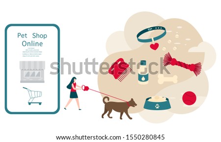 Vector illustration person walking with dog on leash and makes purchases in online pet shop Pet care accessory Bowl, food, collar, bone, vitamins, comb, toy Design for website, landing page, print