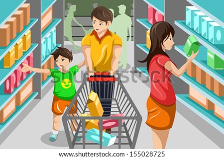 A vector illustration of happy family grocery shopping in supermarket