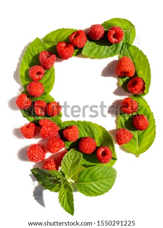 red raspberry berries and mint leaves are laid out in the form of a frame on a white background