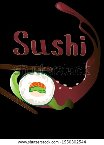 Flying pieces of sushi with wooden chopsticks, wasabi, soy sauce, divided on a black background. Flying food and movement concept. japanese food sushi levitation.