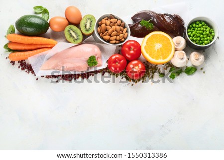 Foods High In Niacin -Vitamin B3 for brain and heart function, skin health,  treat diabetes, ensures the normal functioning of the nervous system.Top view with copy space
