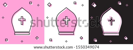 Set Pope hat icon isolated on pink and white, black background. Christian hat sign.  Vector Illustration