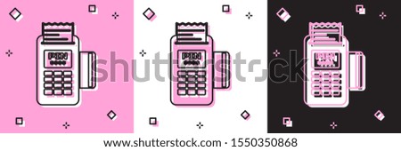 Set POS terminal with inserted credit card and printed reciept icon isolated on pink and white, black background. NFC payment concept.  Vector Illustration