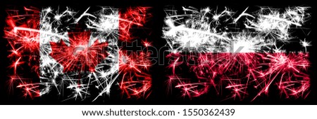 Canada, Canadian vs Poland, Polish New Year celebration sparkling fireworks flags concept background. Combination of two abstract states flags.
