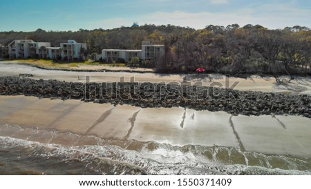 Driftwood Beach in Jekyll Island, Georgia. Aerial view on a spring day.