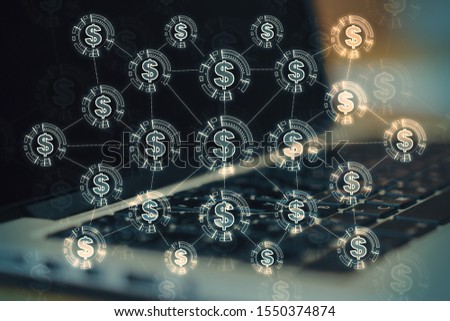 Close up of laptop with abstract dollar sign hologram on blurry desktop background. Cryptocurrency and ai concept. Multiexposure 