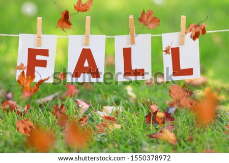 Word fall written on paper hanging in a row above autumn leaves in the grass