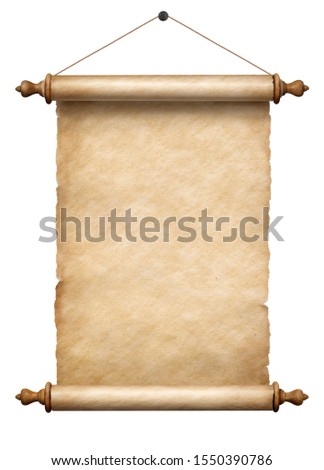 old vertical paper scroll hanging on rope isolated