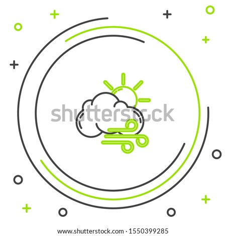 Black and green line Windy weather icon isolated on white background. Sun with cloud and wind. Colorful outline concept. Vector Illustration