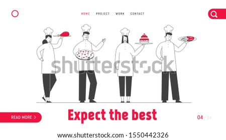 Restaurant Staff in Uniform Demonstrating Cafe Menu Website Landing Page. Men and Women Chefs in Toque and Apron Holding Trays with Meals Web Page Banner. Cartoon Flat Vector Illustration, Line Art