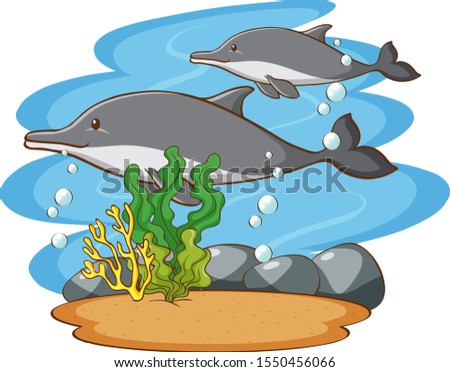 Scene with dolphin swimming in the sea illustration