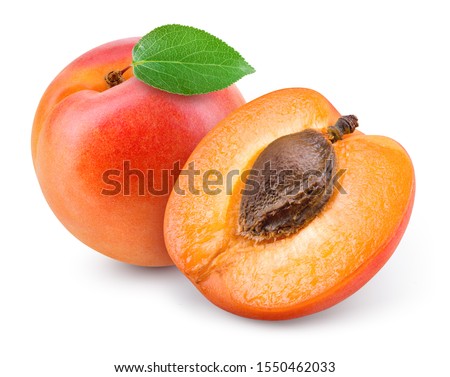 Apricots. Apricot isolate. Apricots with slice on white. Full depth of field.  Royalty-Free Stock Photo #1550462033