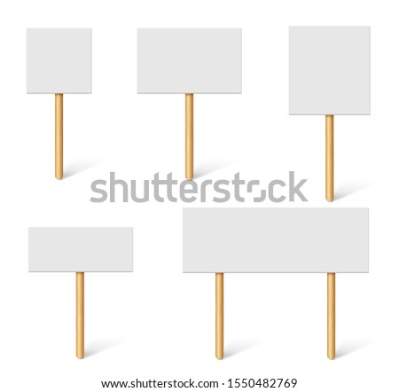 Blank demonstration banners. Protest placards, public transparency with wooden holders. Campaign boards with sticks vector 3d mockup Royalty-Free Stock Photo #1550482769