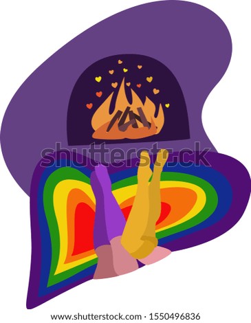 Two pairs of female legs by the fireplace on a rainbow carpet editable vector illustration, clip art. LGBT