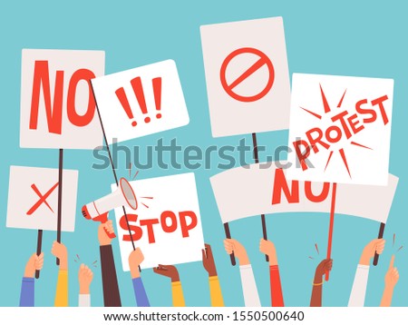 Protestors banners. Hand holding blank placards of political manifestation signs vector background concept Royalty-Free Stock Photo #1550500640