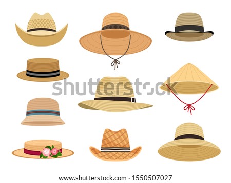 Farmers gardening hats. Asian japan hat and and female straw cap, yellow beach head accessory and summer traditional agriculture rural headdress isolated on white background Royalty-Free Stock Photo #1550507027
