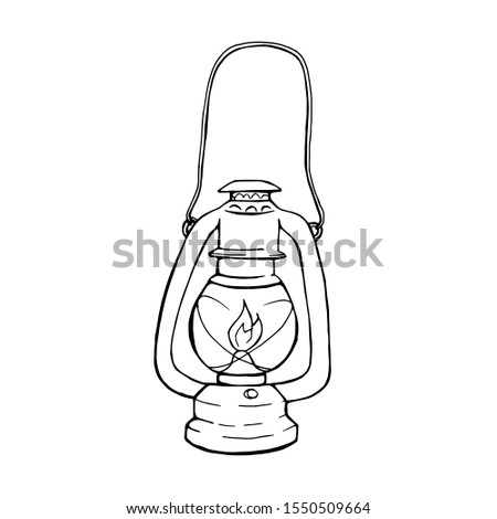 Vector line art isolated on white background. Old lantern illustration, kerosene lamp. Clip art.